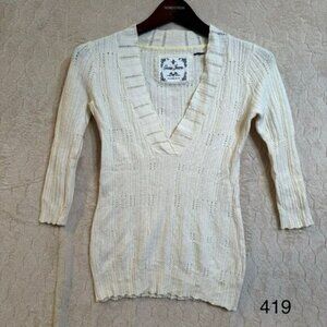 Guess Jeans Cream V Neck Pullover Sweater Sz XS/S Y2K Stretchy‎
